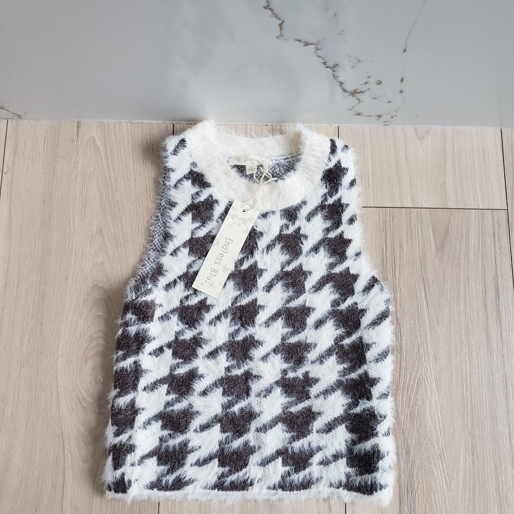 Endless Blu Sweater Vest Womens S Houndstooth Fuzzy Knit Sleeveless Cozy Top
